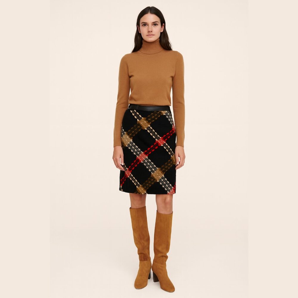 WORTH Women's Size 0 Leather Waistband Wool Textured Preppy Plaid Mini Skirt